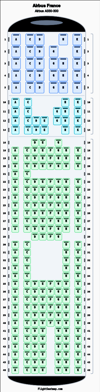 Airbus France Airbus A330-300 seat map layout showing 3-class configuration with 249 seats
