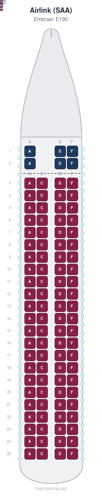 Airlink (SAA) Embraer E190 seat map layout showing 2-class configuration with 98 seats
