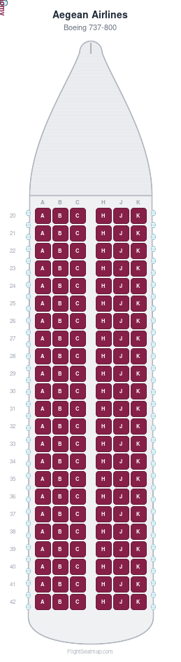 Aegean Airlines Boeing 737-800 seat map layout showing 1-class configuration with 138 seats