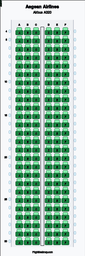 Aegean Airlines Airbus A320 seat map layout showing 1-class configuration with 156 seats