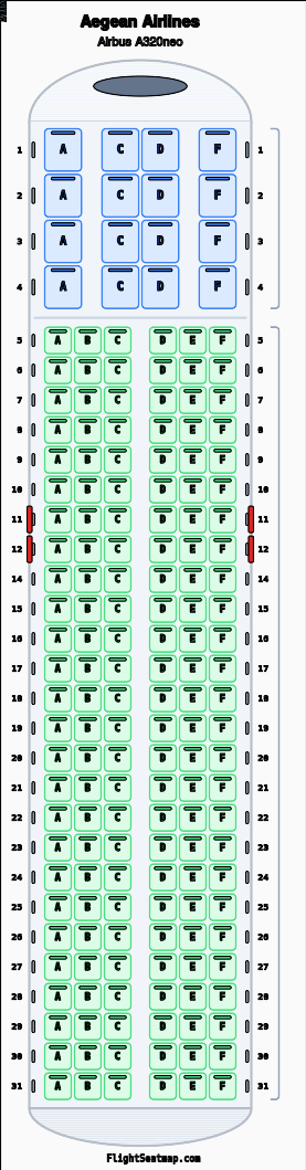 Aegean Airlines Airbus A320neo seat map layout showing 2-class configuration with 172 seats
