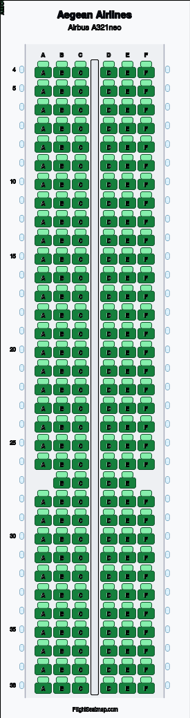 Aegean Airlines Airbus A321neo seat map layout showing 1-class configuration with 202 seats