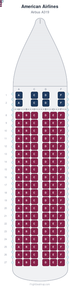 American Airlines Airbus A319 seat map layout showing 2-class configuration with 128 seats