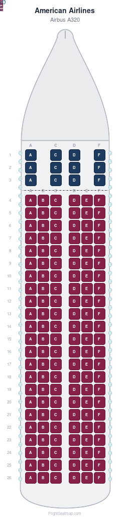American Airlines Airbus A320 seat map layout for flight AA9017 from CPH to HEL