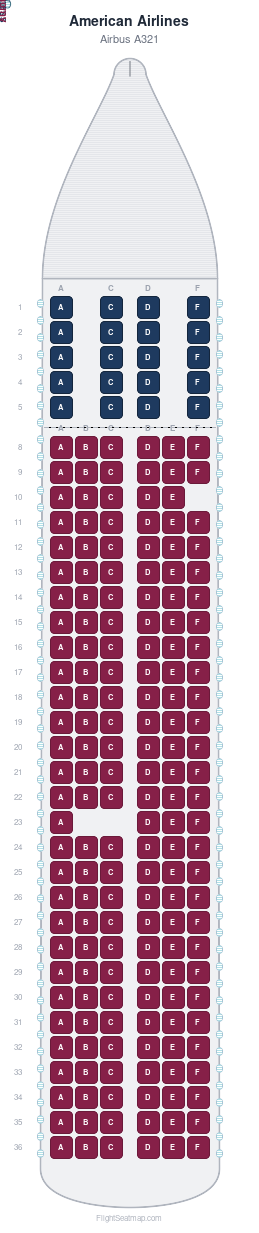 American Airlines Airbus A321 seat map layout for flight AA2448 from DFW to DFW