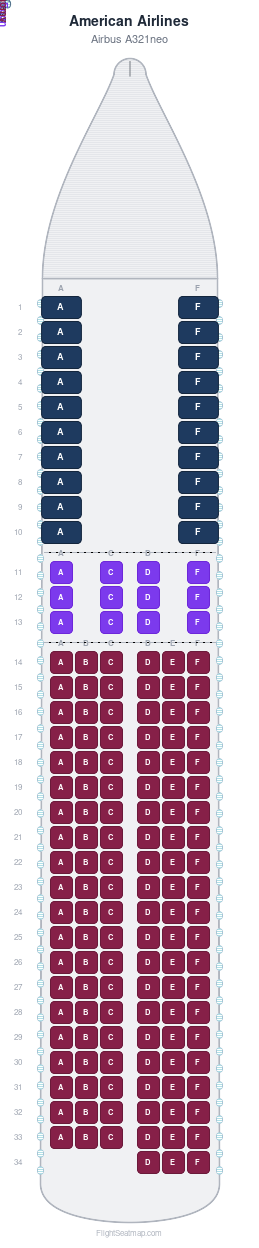 American Airlines Airbus A321neo seat map layout for flight AA513 from LAX to PHL