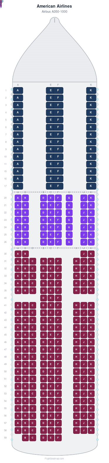 American Airlines Airbus A350-1000 seat map layout showing 3-class configuration with 331 seats