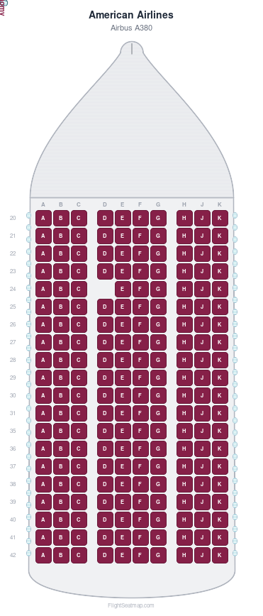 American Airlines Airbus A380 seat map layout for flight AA6957 from MIA to LHR