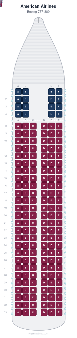 American Airlines Boeing 737-800 seat map layout for flight AA1187 from DCA to ORD
