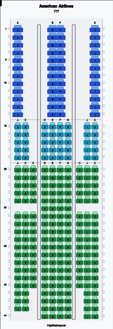 American Airlines Boeing 777 seat map layout for flight AA6979 from BWI to LHR