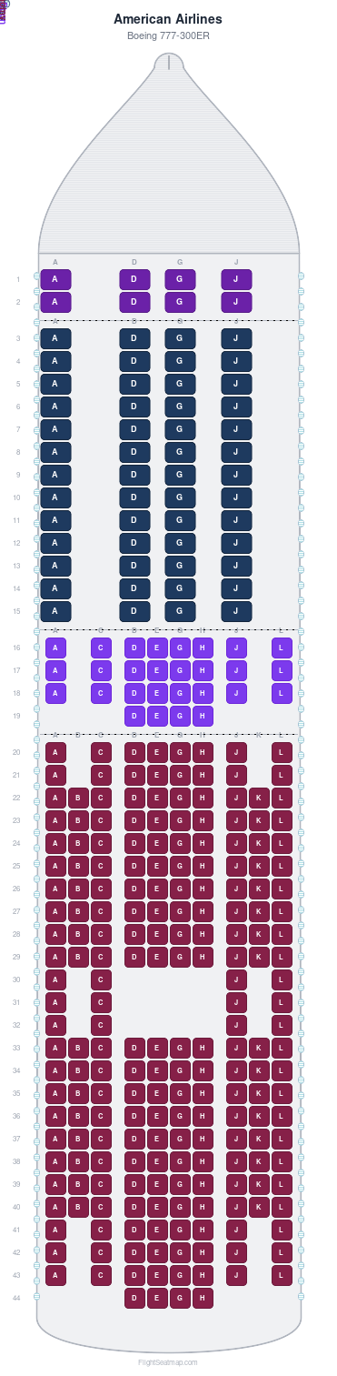 American Airlines Boeing 777-300ER seat map layout for flight AA105 from LHR to JFK