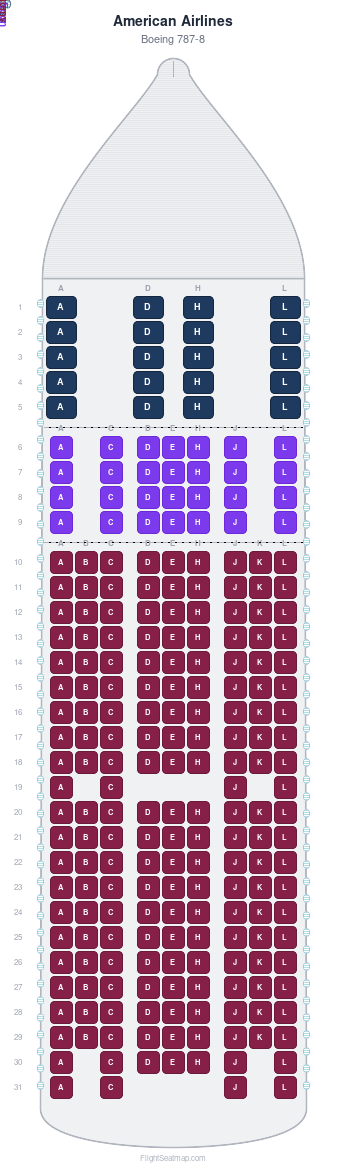 American Airlines Boeing 787-8 seat map layout for flight AA8418 from HKG to NRT