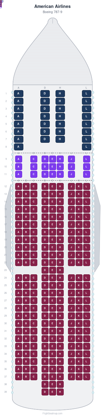 American Airlines Boeing 787-9 seat map layout for flight AA962 from GRU to DFW