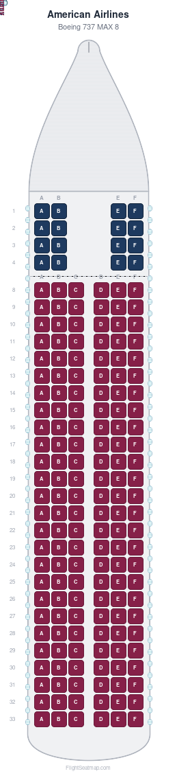 American Airlines Boeing 737 MAX 8 seat map layout for flight AA376 from MIA to ORD