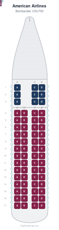 American Airlines Bombardier CRJ700 seat map layout for flight AA4956 from DFW to DFW