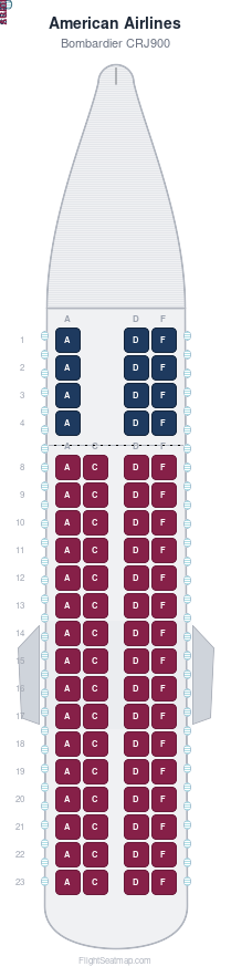 American Airlines Bombardier CRJ900 seat map layout for flight AA5114 from DFW to DFW