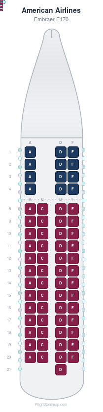 American Airlines Embraer E170 seat map layout showing 2-class configuration with 65 seats