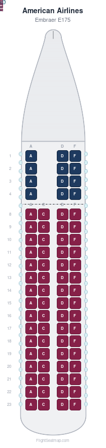 American Airlines Embraer E175 seat map layout for flight AA3641 from LIT to DFW