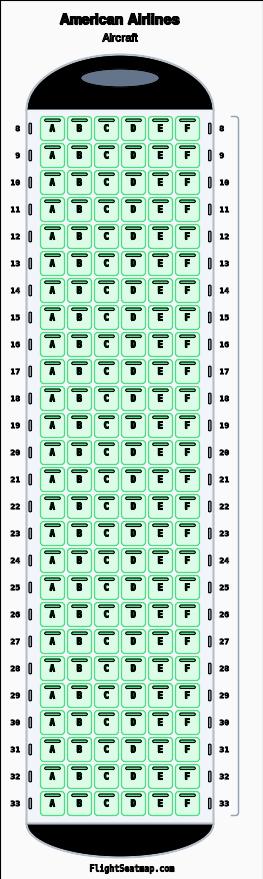 American Airlines  seat map layout showing 1-class configuration with 156 seats