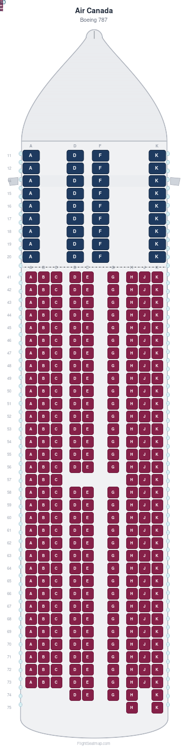 Air Canada Boeing 787 seat map layout showing 2-class configuration with 337 seats