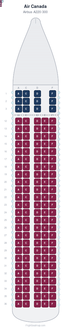 Air Canada Airbus A220-300 seat map layout for flight AC1072 from DEN to YUL