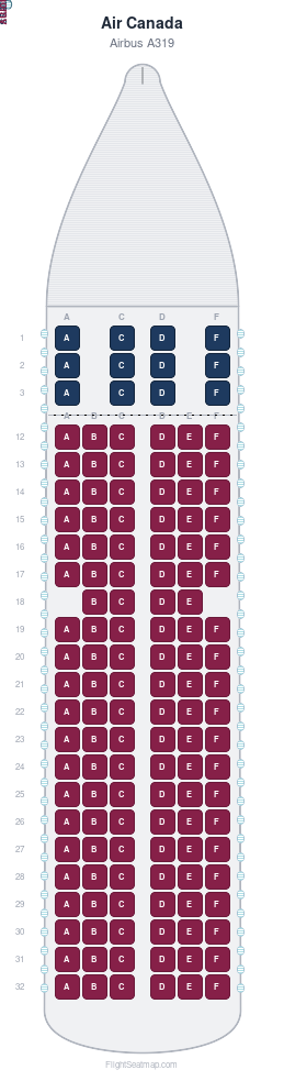 Air Canada Airbus A319 seat map layout for flight AC1796 from YYZ to PUJ