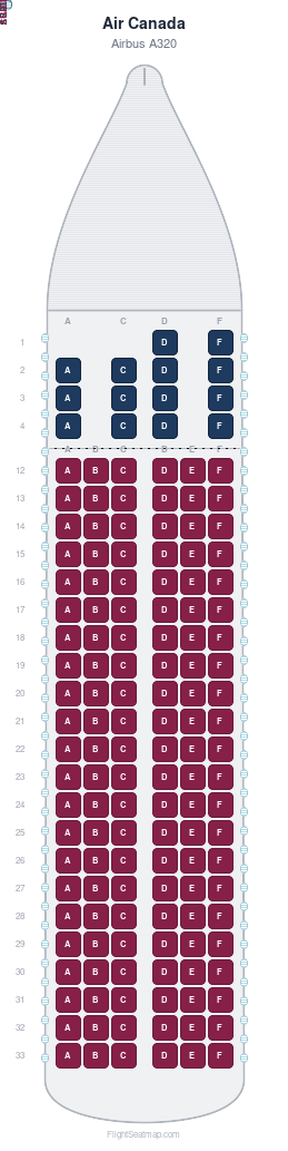 Air Canada Airbus A320 seat map layout for flight AC562 from YVR to SFO