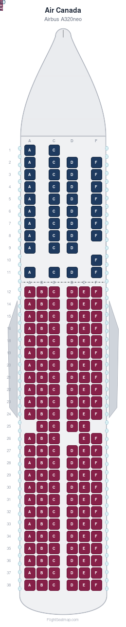 Air Canada Airbus A320neo seat map layout showing 2-class configuration with 185 seats