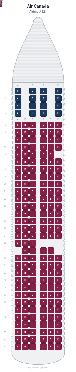 Air Canada Airbus A321 seat map layout showing 2-class configuration with 196 seats