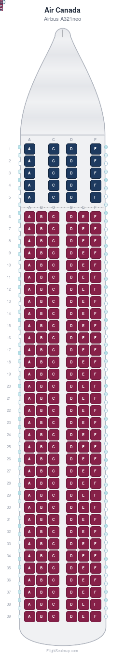 Air Canada Airbus A321neo seat map layout showing 2-class configuration with 224 seats