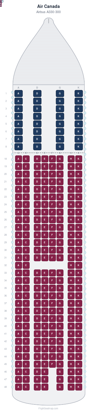 Air Canada Airbus A330-300 seat map layout for flight AC927 from CUN to YYZ