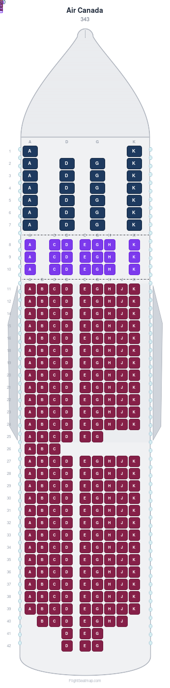 Air Canada 343 seat map layout showing 3-class configuration with 294 seats