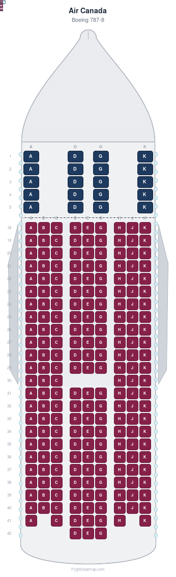 Air Canada Boeing 787-8 seat map layout for flight AC900 from YUL to AMS