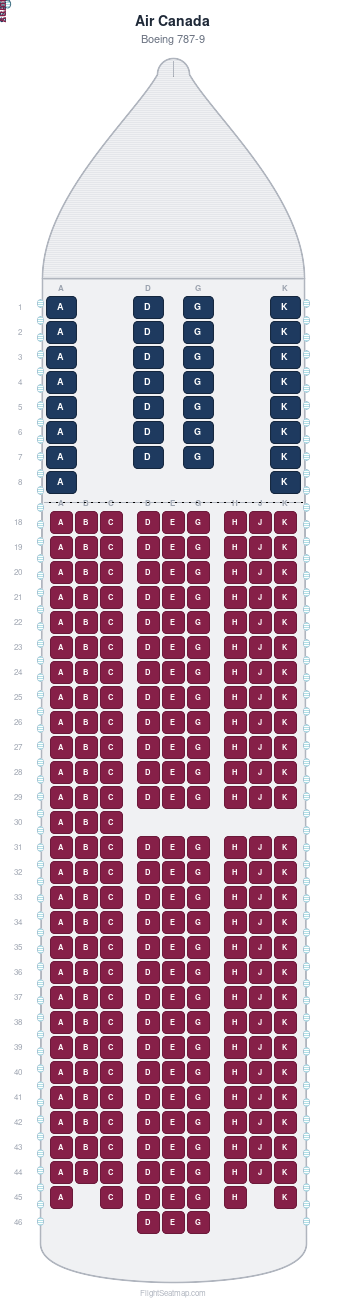 Air Canada Boeing 787-9 seat map layout for flight AC806 from YYZ to EDI