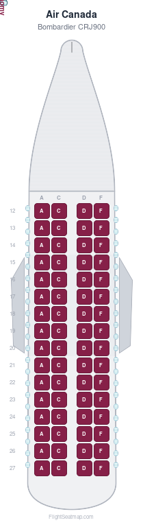 Air Canada Bombardier CRJ900 seat map layout showing 1-class configuration with 64 seats