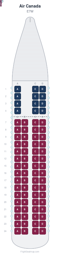 Air Canada E7W seat map layout showing 2-class configuration with 76 seats