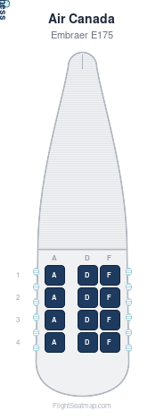 Air Canada Embraer E175 seat map layout showing 1-class configuration with 12 seats