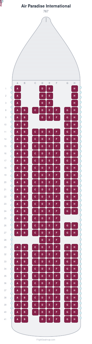 Air Paradise International 767 seat map layout showing 1-class configuration with 239 seats