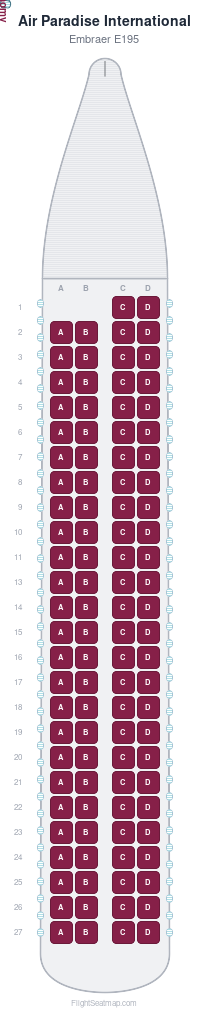 Air Paradise International Embraer E195 seat map layout showing 1-class configuration with 102 seats