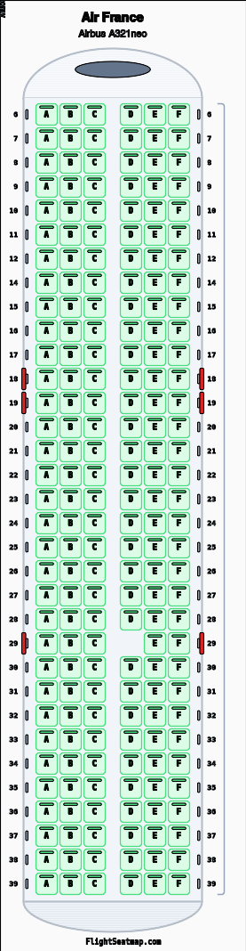 Air France Airbus A321neo seat map layout showing 1-class configuration with 197 seats