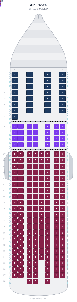 Air France Airbus A330-900 seat map layout for flight AF3653 from SEA to CDG