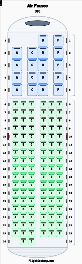 Air France 318 seat map layout showing 2-class configuration with 122 seats