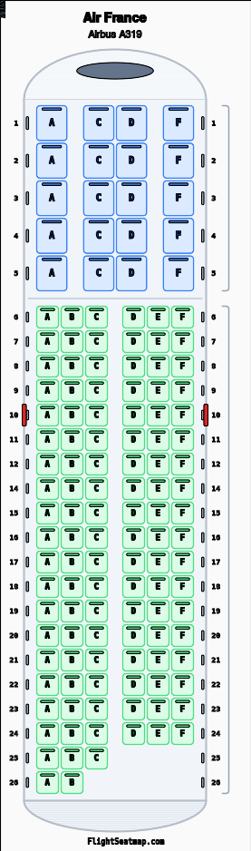 Air France Airbus A319 seat map layout for flight AF1225 from LIS to CDG