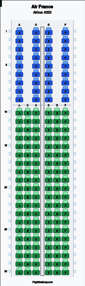 Air France Airbus A320 seat map layout for flight AF1641 from AMS to CDG