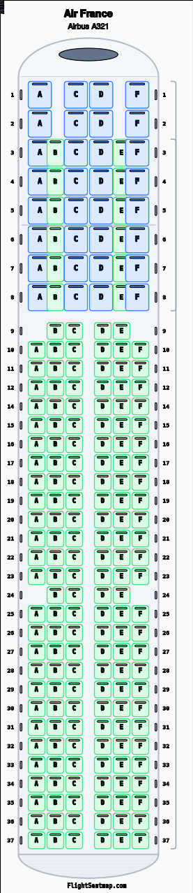 Air France Airbus A321 seat map layout showing 2-class configuration with 208 seats