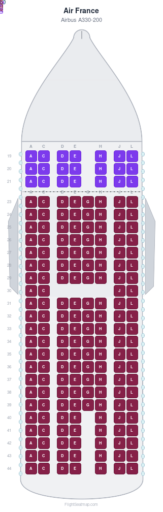 Air France Airbus A330-200 seat map layout showing 2-class configuration with 188 seats