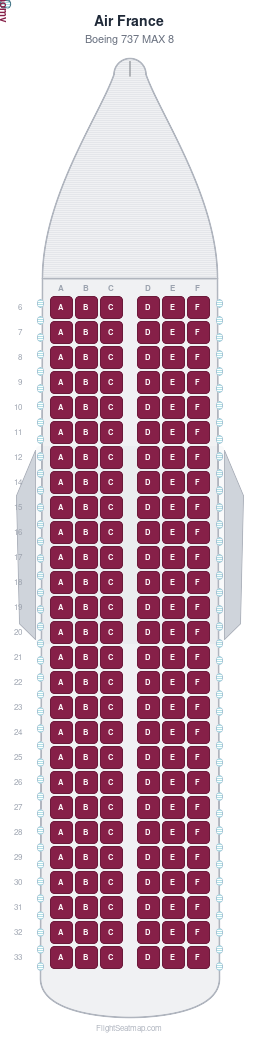 Air France Boeing 737 MAX 8 seat map layout showing 1-class configuration with 162 seats