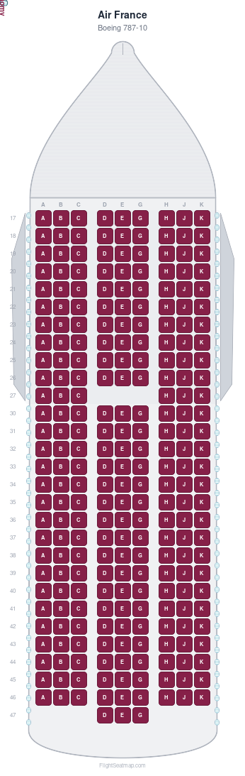 Air France Boeing 787-10 seat map layout showing 1-class configuration with 252 seats