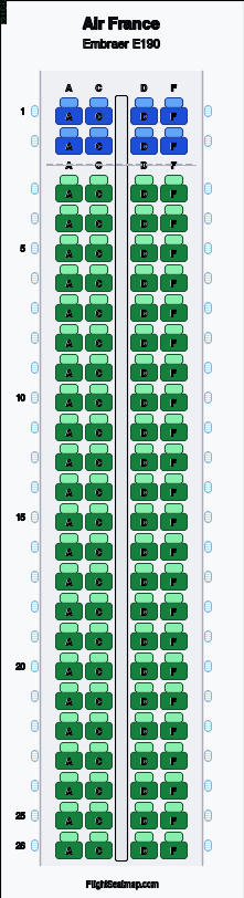 Air France Embraer E190 seat map layout for flight AF1227 from VCE to CDG