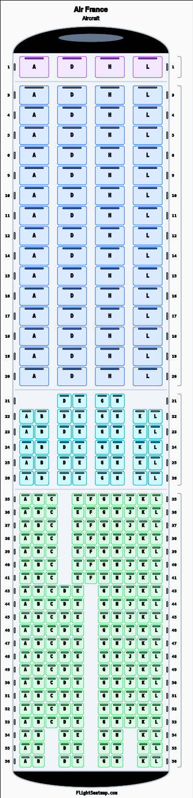 Air France  seat map layout showing 4-class configuration with 312 seats